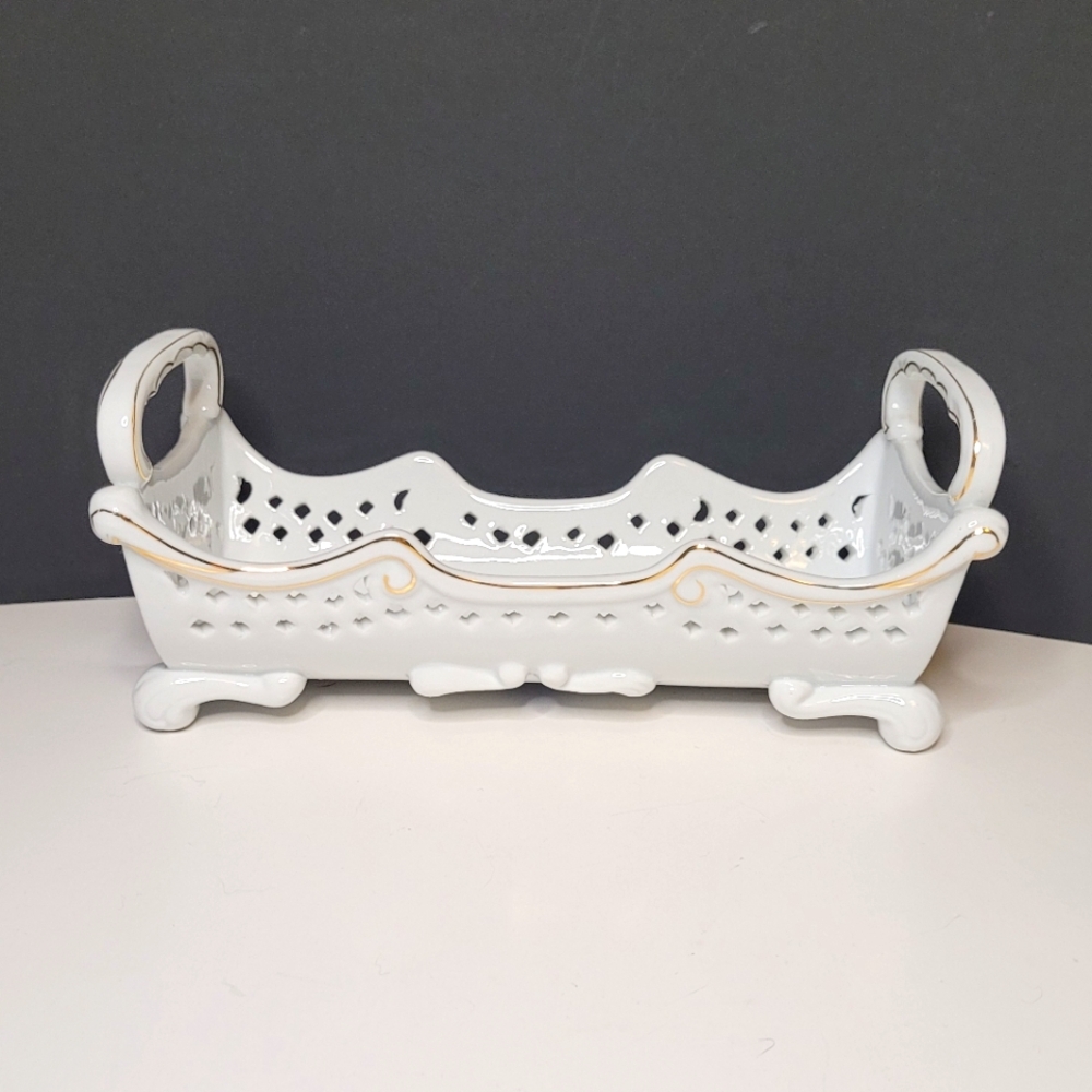 Cracker Serving Boat Vintage Porcelain Treasures Dish with 24kt Gold Trim